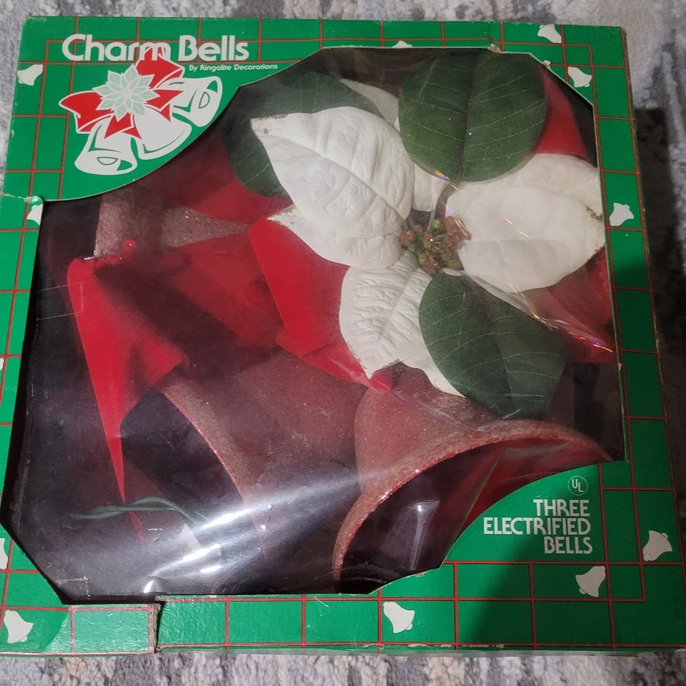 Vintage Christmas Charm Bells Decoration with Red and White Poinsettia